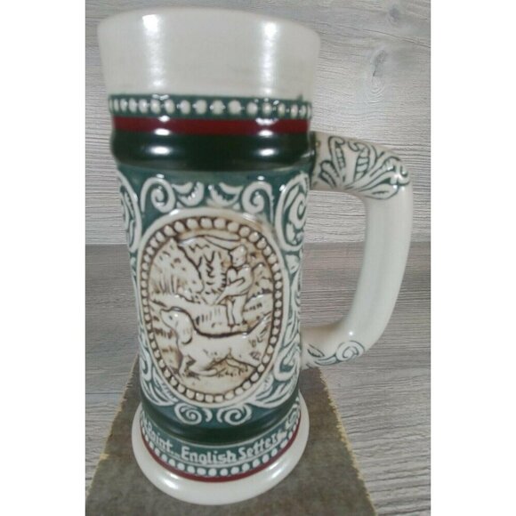 Avon Vintage Ceramic Beer Stein With Fishing & Hunting Motifs Brazil Green White - Picture 2 of 11